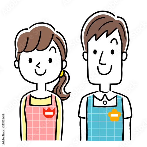 イラスト素材：若い保育士の男性と女性、笑顔
