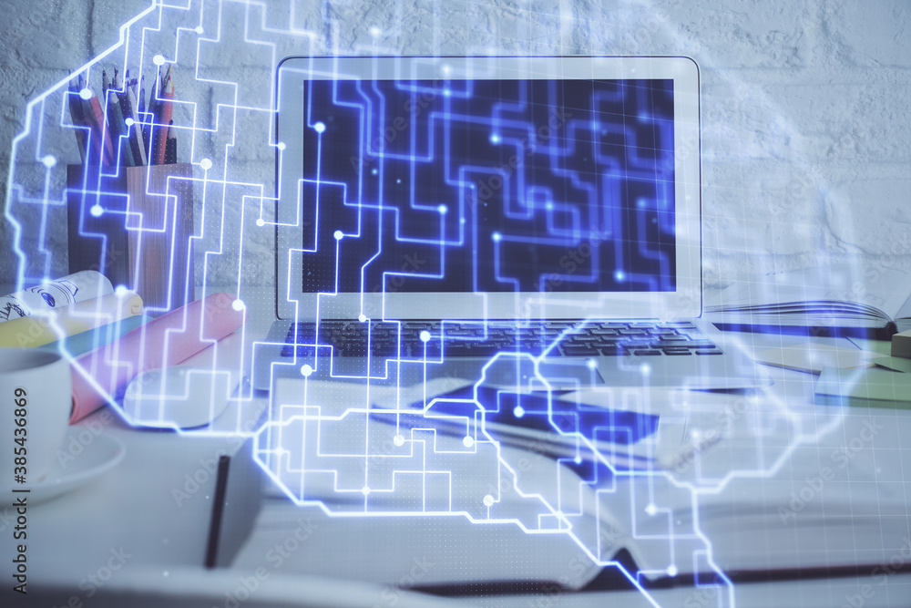 Double exposure of work space with computer and human brain drawing hologram. Brainstorm concept. Double exposure of work space with computer and human brain drawing hologram. Brainstorm concept.