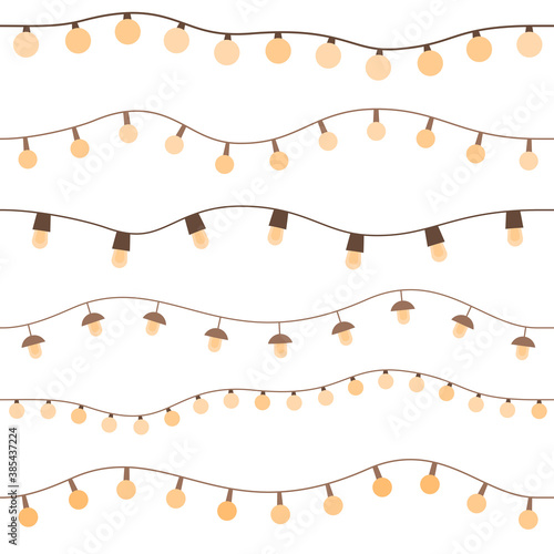 Holiday garland seamless pattern. Vintage design of light string. Vector illustration for New Year, Christmas, birthday celebration banners, invitation or cards. Festive background.