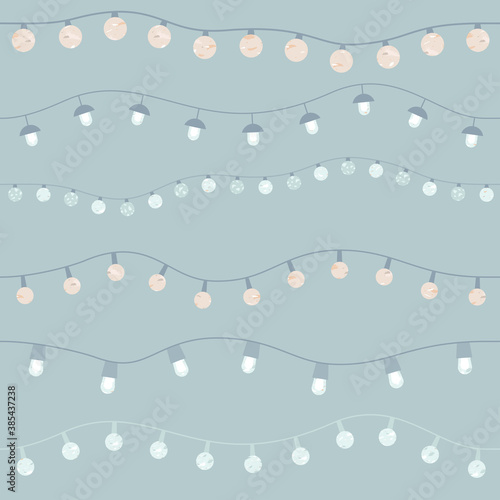 Seamless pattern with light bulbs. Holiday garland with texture inside. Silver and golden colors, winter background for holidays greeting season.