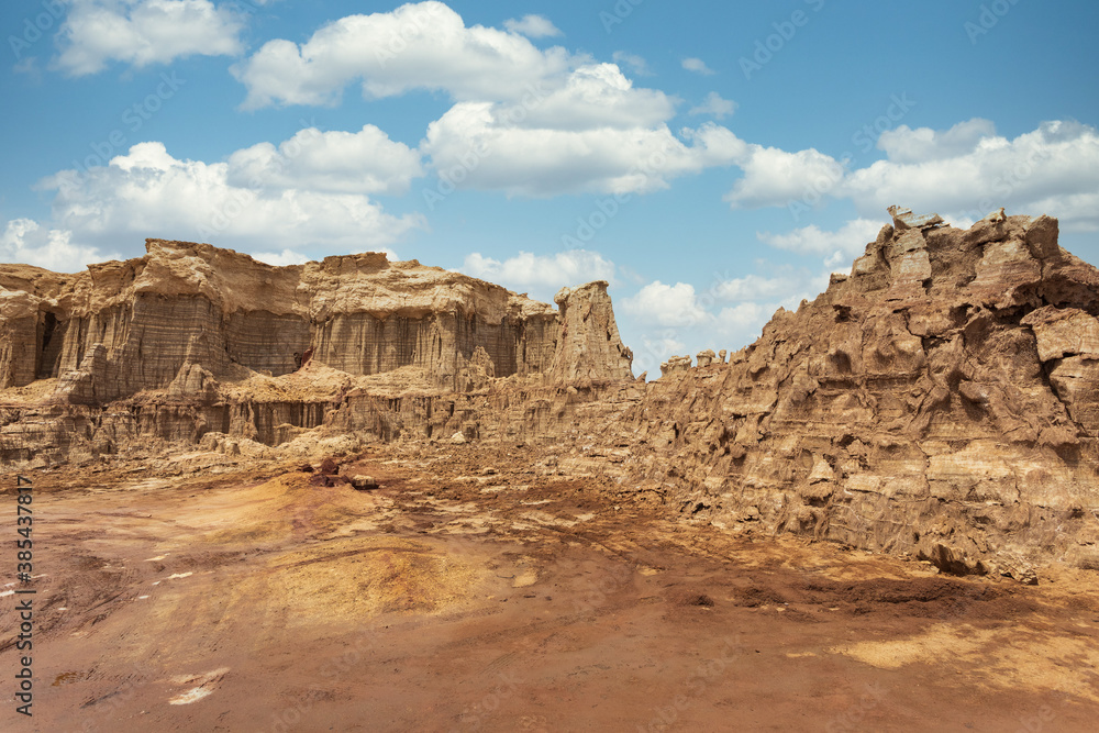 impressive rock formations rise in the Danakil depression like stone rock city. Landscape like Moonscape, Danakil depression, Ethiopia, Africa