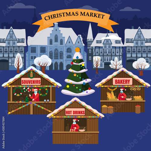 Christmas Market holiday fairs or festive on city square. In conditions of the COVID 2019 pandemic sellers in medical masks, Social distancing. Canopy, stalls, kiosks. Background silhoutte old town