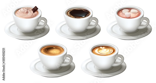 Realistic coffee cups set. Collection of realism style drawn sorts of drinks hot beverages latte cappuccino espresso americano from side view mockup. Illustration of 3d mugs tea liquid for cafe menu.