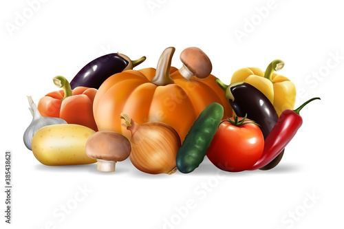 Realistic vegetables set. Collection of realism style drawn pepper pumpking garlic tomato cucumber eco food vegan nutrition or vegetarian meal menu template. Autumn harvesting mockup illustration.