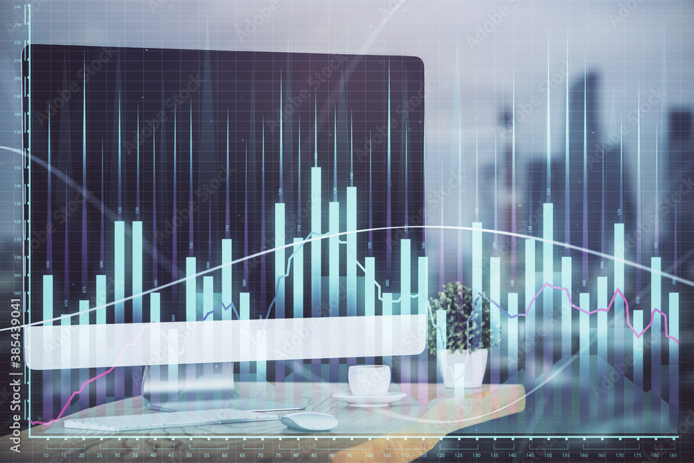 Stock market graph and table with computer background. Multi exposure. Concept of financial analysis. Stock market graph and table with computer background. Multi exposure. Concept of financial analysis.