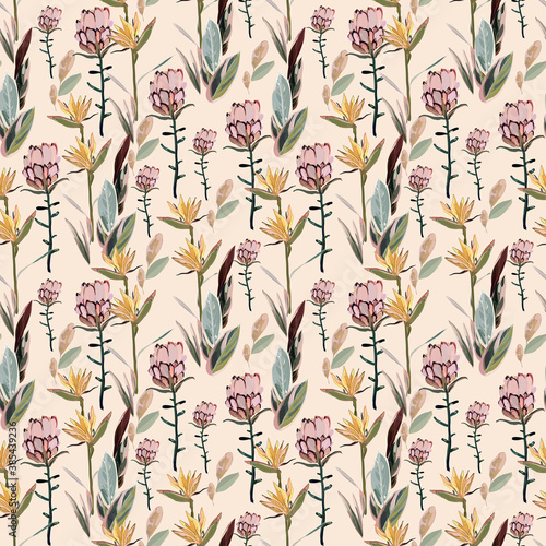 Beige floral seamless pattern with flowers and leaves