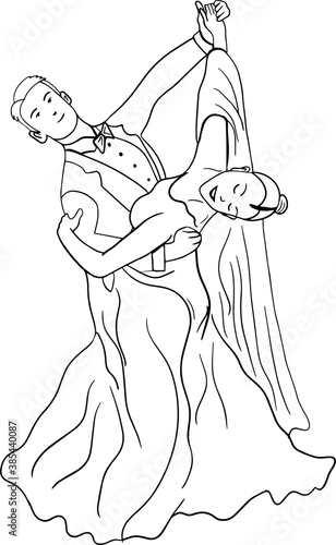 Coloring book: Couple dancing waltz. Dancing couple in evening dresses. Elegant man and woman. Vector outline illustration for coloring book for adults or kids.