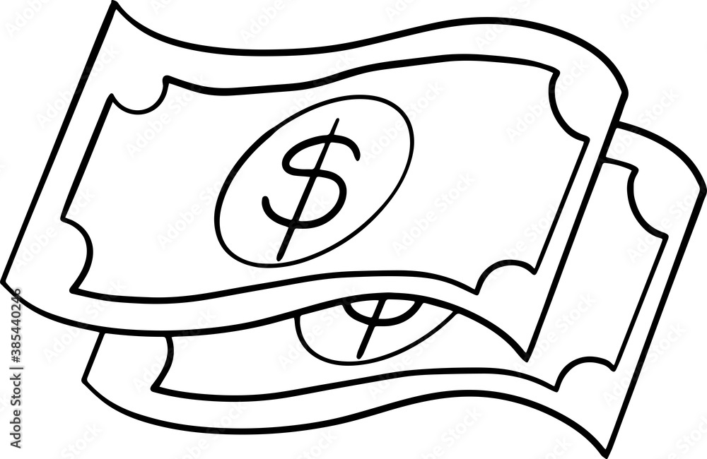 Money sketch / line art for kids coloring books. Black and white vector ...