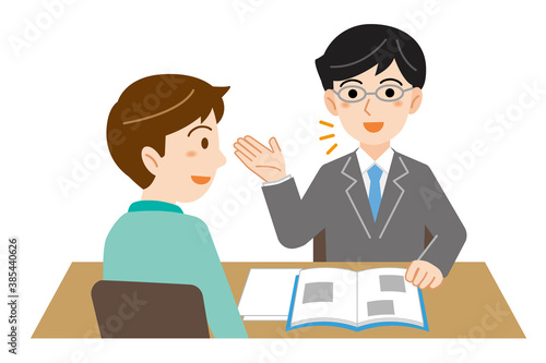 相談に来た男性に説明をするビジネススーツの男性のイラスト/白背景