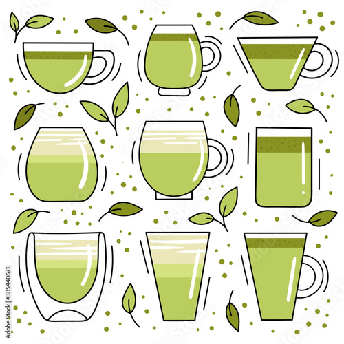 Set of transparent glasses with Japanese green tea matcha.Elements for healthy food, weight loss, diet. An invigorating drink. Illustration for cafes and restaurants. Doodle vector hand illustration