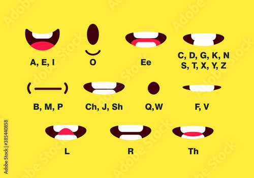Mouth animation with different expressions in flat style vector illustration set. Lip sync sound pronounciation and phoneme mouth talk expression character chart.