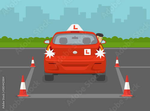 British student driver trying to reverse park. Back into a parking lot. Driving lesson. Flat vector illustration template.