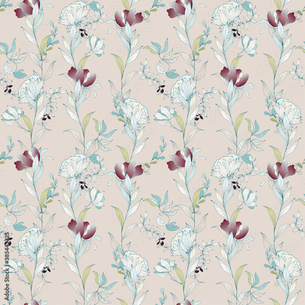 Beige floral seamless pattern with flowers and leaves