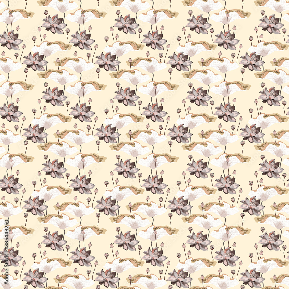 Fototapeta premium Beige floral seamless pattern with flowers and leaves