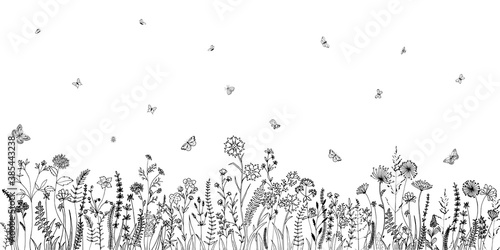 Wildflowers and grasses with various insects. Fashion sketch for various design ideas. Monochrom print. photo