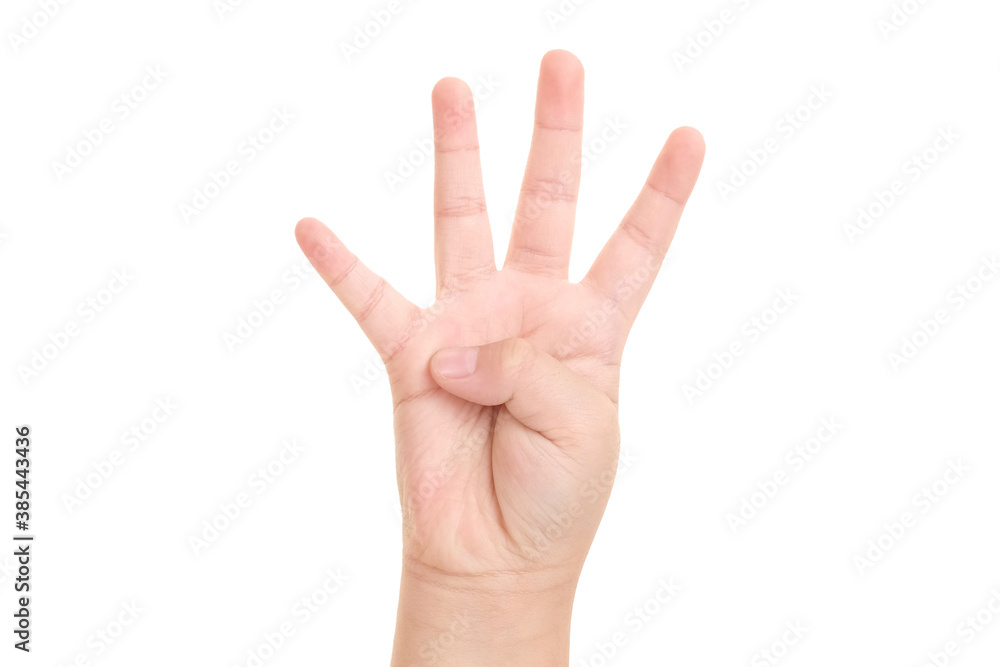 Boy's hand shown four finger symbol on isolated white background for graphic designer. Boy's hand shown four finger symbol on isolated white background for graphic designer.