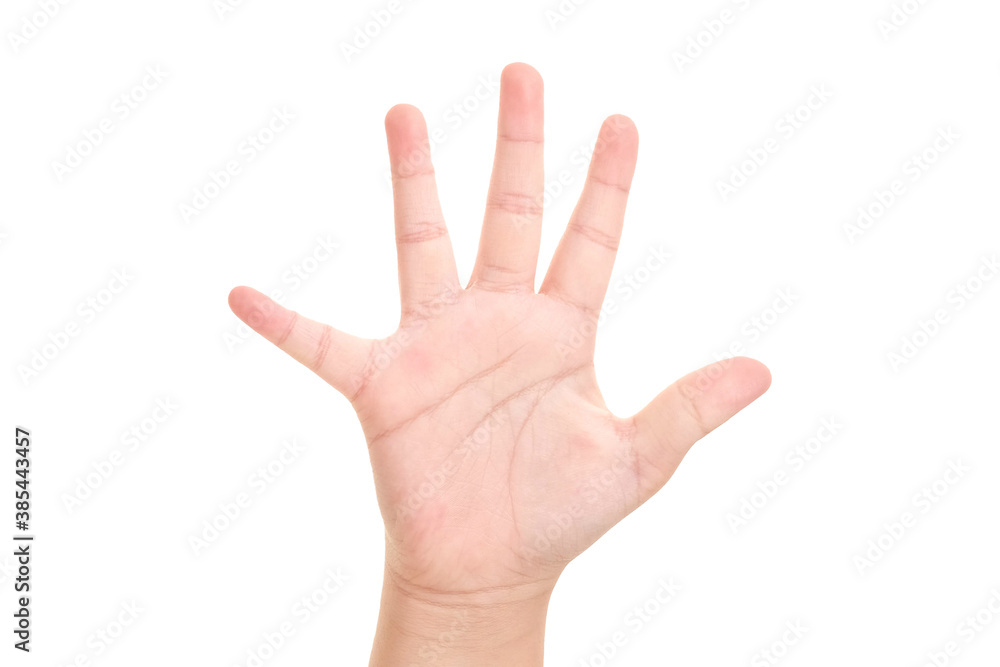 Boy's hand shown five finger symbol on isolated white background for graphic designer. Boy's hand shown five finger symbol on isolated white background for graphic designer.