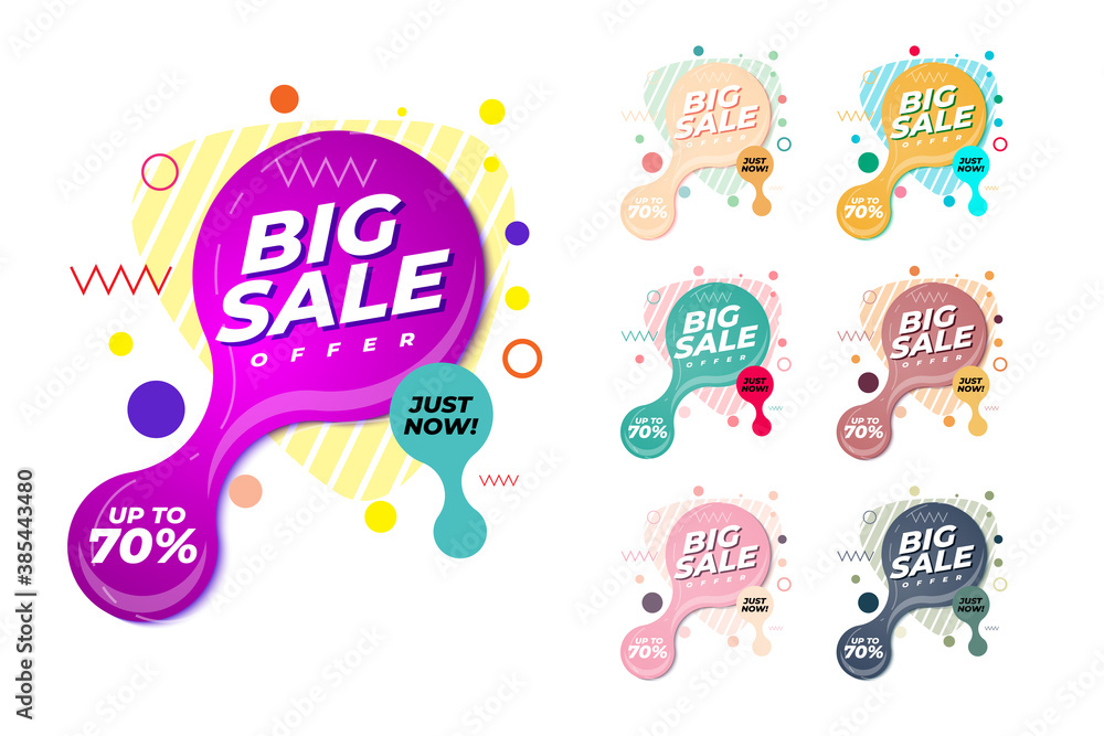 Big sale offer tags set in various colour. Concept design elements for use in marketing, advertising, web, and print. Modern badges template, discount, price off.