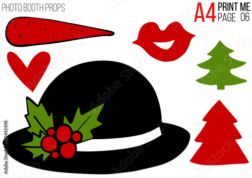 Christmas holiday photo booth props A4 template. Vector xmas masquerade party costume accessories collection. Noel decoration. Happy new year cartoon illustration card background