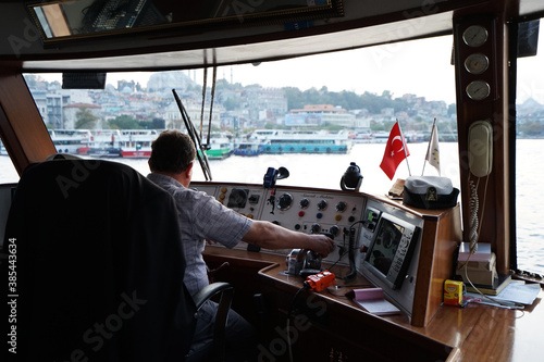 Inside control room of passenger ship- Bosphorus Strait cruise tour, separates Europe and Asia continents One of the highlights in Istanbul, Turkey