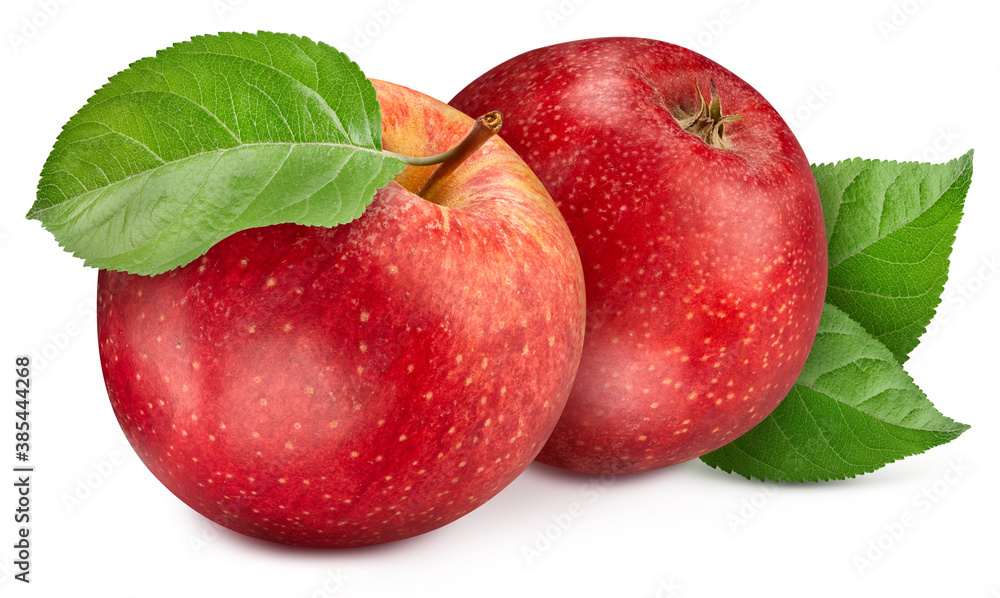 Two whole red apples isolated on white background. Apples with beautiful leaves Two whole red apples isolated on white background. Apples with beautiful leaves