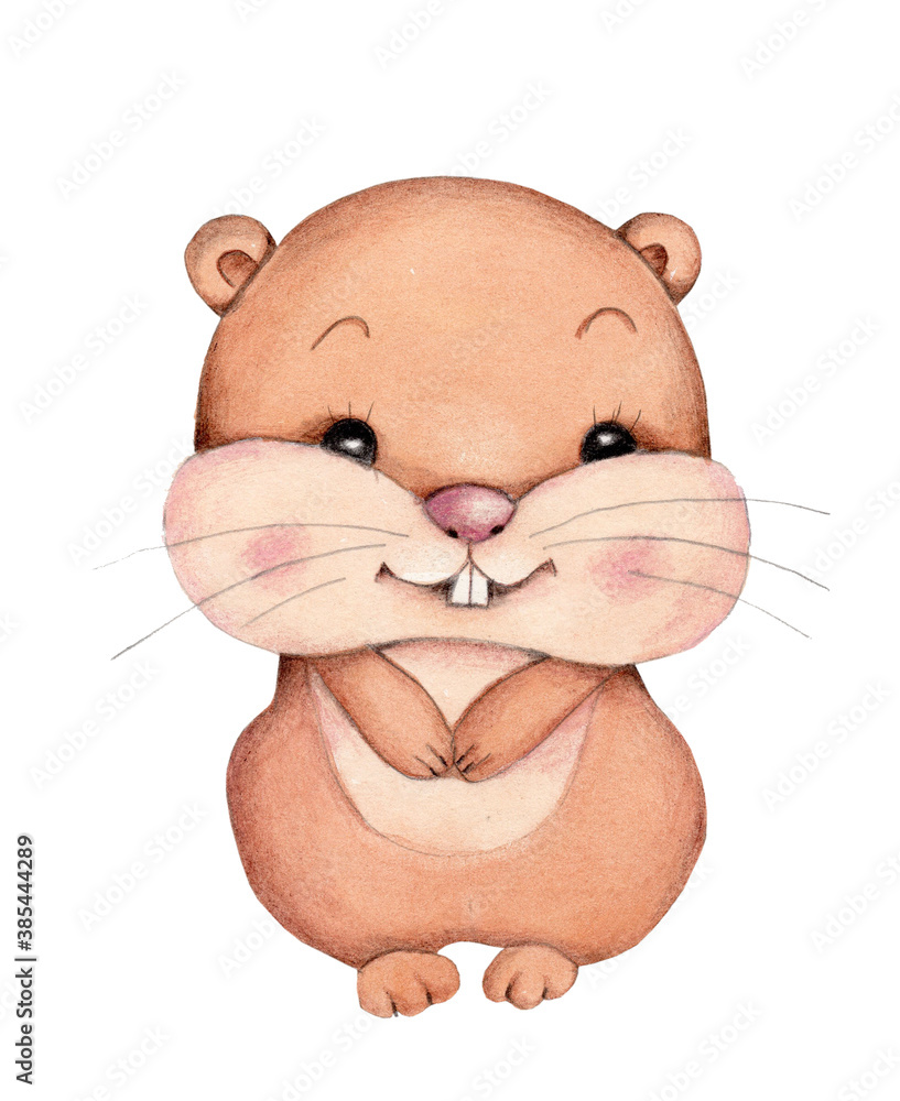 Fototapeta premium Cute cartoon marmot groundhog. Watercolor illustration, icon.