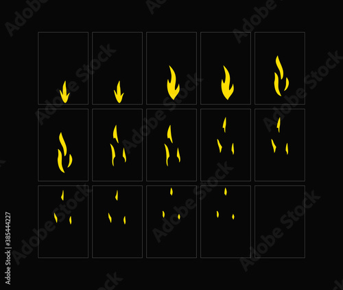 Fire sparks animation. Flame effect sprites sheet for games, video, animation. Colorful cartoon sparks animation. 