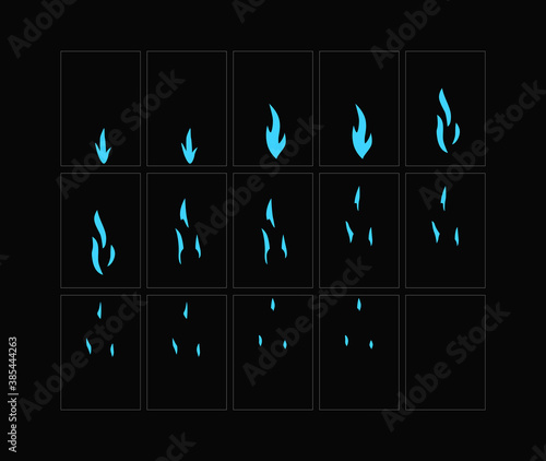 Fire sparks animation. Flame effect sprites sheet for games, video, animation. Colorful cartoon sparks animation. 