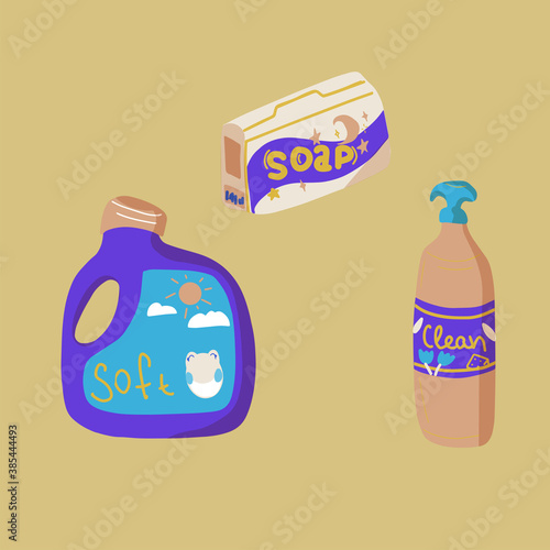 Laundry and cleaning bottle and box, soap, soften and spray for clean