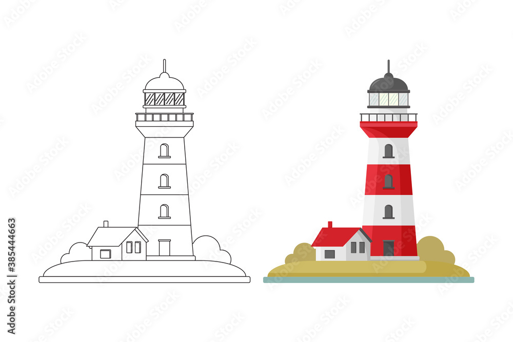 Doodle style white and red lighthouse vector coloring book illustration with colored sample and clear version isolated on white background. Vector illustration