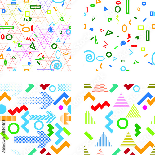 Hipster fashion .Trendy seamless pattern in Memphis style and with different shapes i. Jumble design . Repeating zigzag smooth lines vector background . Cool geometric texture .