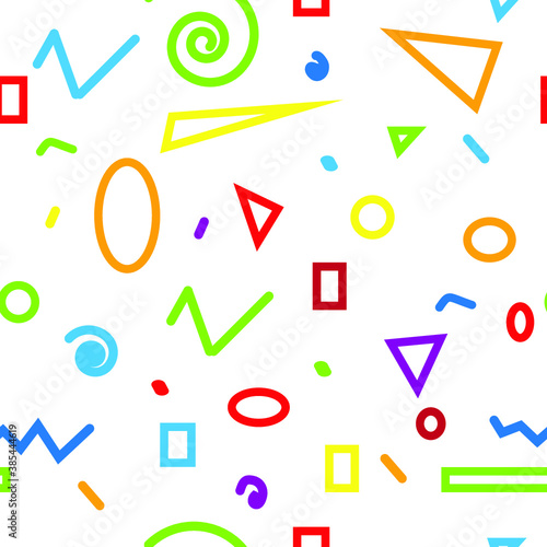 Hipster fashion .Trendy seamless pattern in Memphis style and with different shapes i. Jumble design . Repeating zigzag smooth lines vector background . Cool geometric texture .