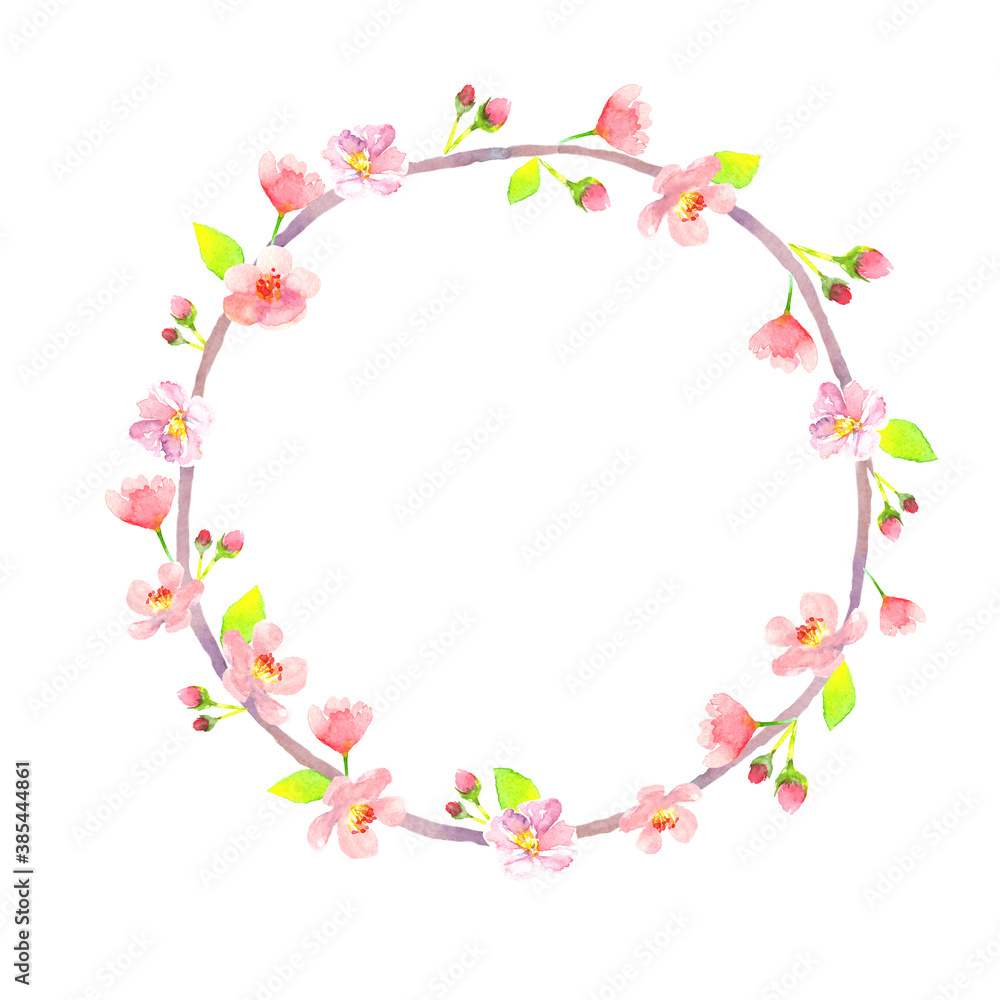 水彩で描いた桜の丸型フレーム