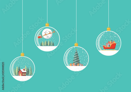 Set of Merry christmas  hanging light bulbs and decorations