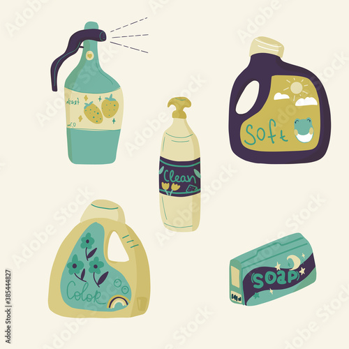 Laundry and cleaning bottle and box, soap, soften and spray for clean