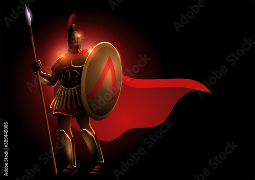 Spartan warrior wearing helmet and red cloak