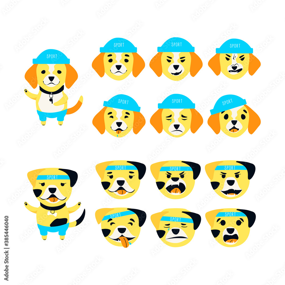 Obraz premium Set of cute Bulldog and Beagle emotions. A dog can be different happy, sad and kind. Sports accessories bone, bandage, hat and pants. Flat cartoon vector illustration.