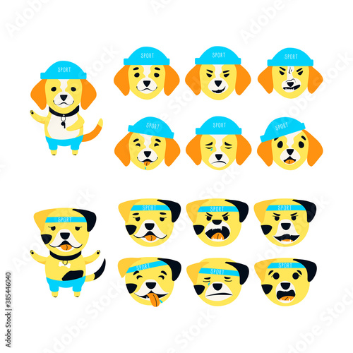 Set of cute Bulldog and Beagle emotions. A dog can be different happy, sad and kind. Sports accessories bone, bandage, hat and pants. Flat cartoon vector illustration.