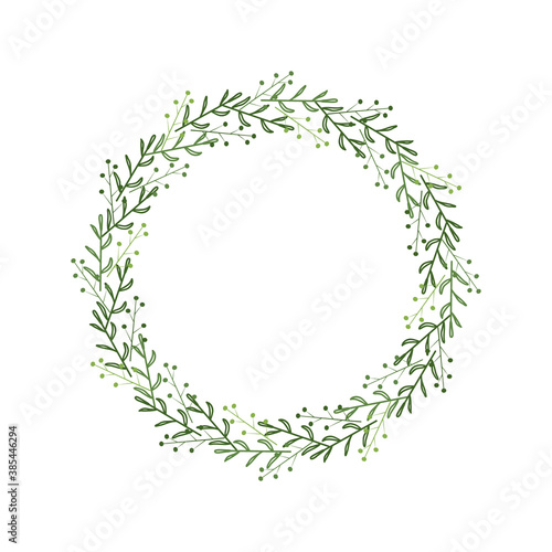 Wreath of green branches, leaves, berries. Elegant border in linear style. Design template for decoration, logo, invitation. Hand drawn doodle frame. Vector illustration isolated on white background
