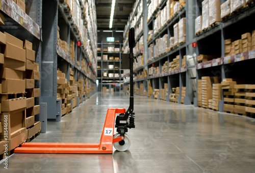 Hand pallet truck in warehouse