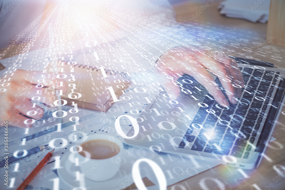 Double exposure of data internet theme hologram with man working on computer on background. Concept of innovation. Double exposure of data internet theme hologram with man working on computer on background. Concept of innovation.