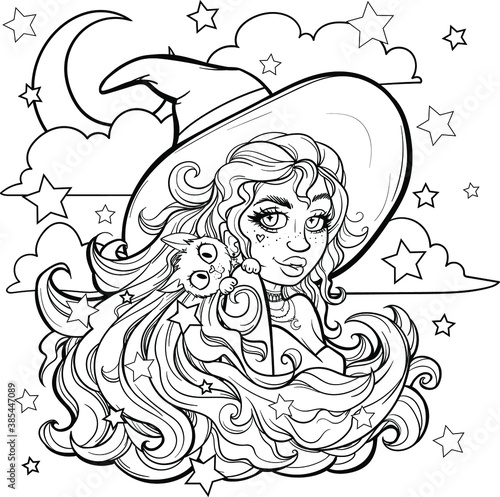 coloring, black outline. girl witch, sorceress with long hair and a cat. at night, moon, stars, clouds