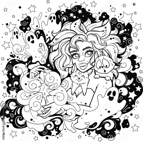 black outline, witch girl, with cats, sorceress, magic at night. a lot of stars.