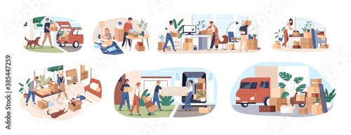 Set of people moving or leaving their homes and offices. Family couples pack belongings and relocating to new apartments. Transportation service. Flat vector cartoon illustration isolated on white