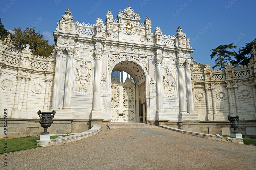 Exterior Neoclassical architecture and royal facade building design of 'Dolmabahce imperial palace' located along the European shore of the Bosphorus Strait- Besiktas, Turkey