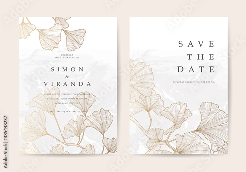 Luxury wedding invite cards with Gold Ginkgo texture line arts. Save the date Card vector design template.