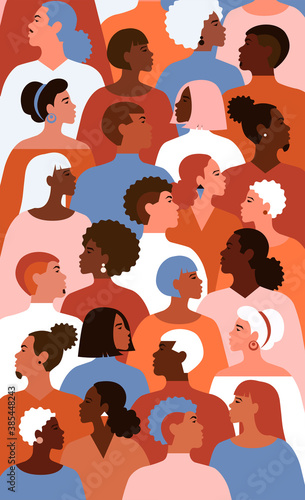Illustration of equality people with different gender and colour of skin in society. Profile of multicultural people.