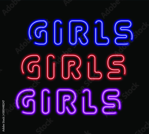 Neon lights girls sign illustration. Vector multicolor laser repeat text. Night club and bar banner. 10 eps. For design, illustration, poster, advertising banner etc.