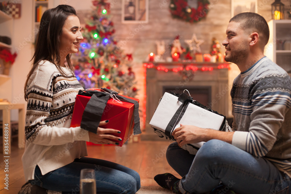 Happy girlfriend and boyfriend on christmas day giving each other gifts. Happy girlfriend and boyfriend on christmas day giving each other gifts.