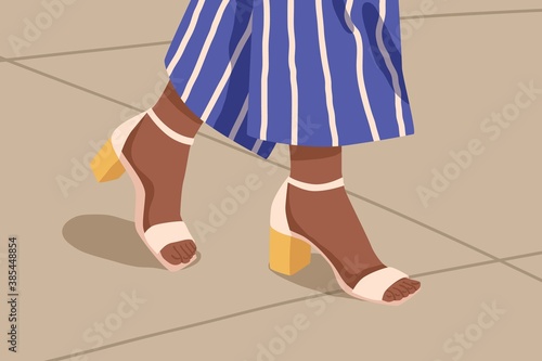 Woman casual strap sandals with yellow low square heel. Female feet in fashionable open toe footwear. Pair of summer elegant street style footgear. Flat vector cartoon illustration